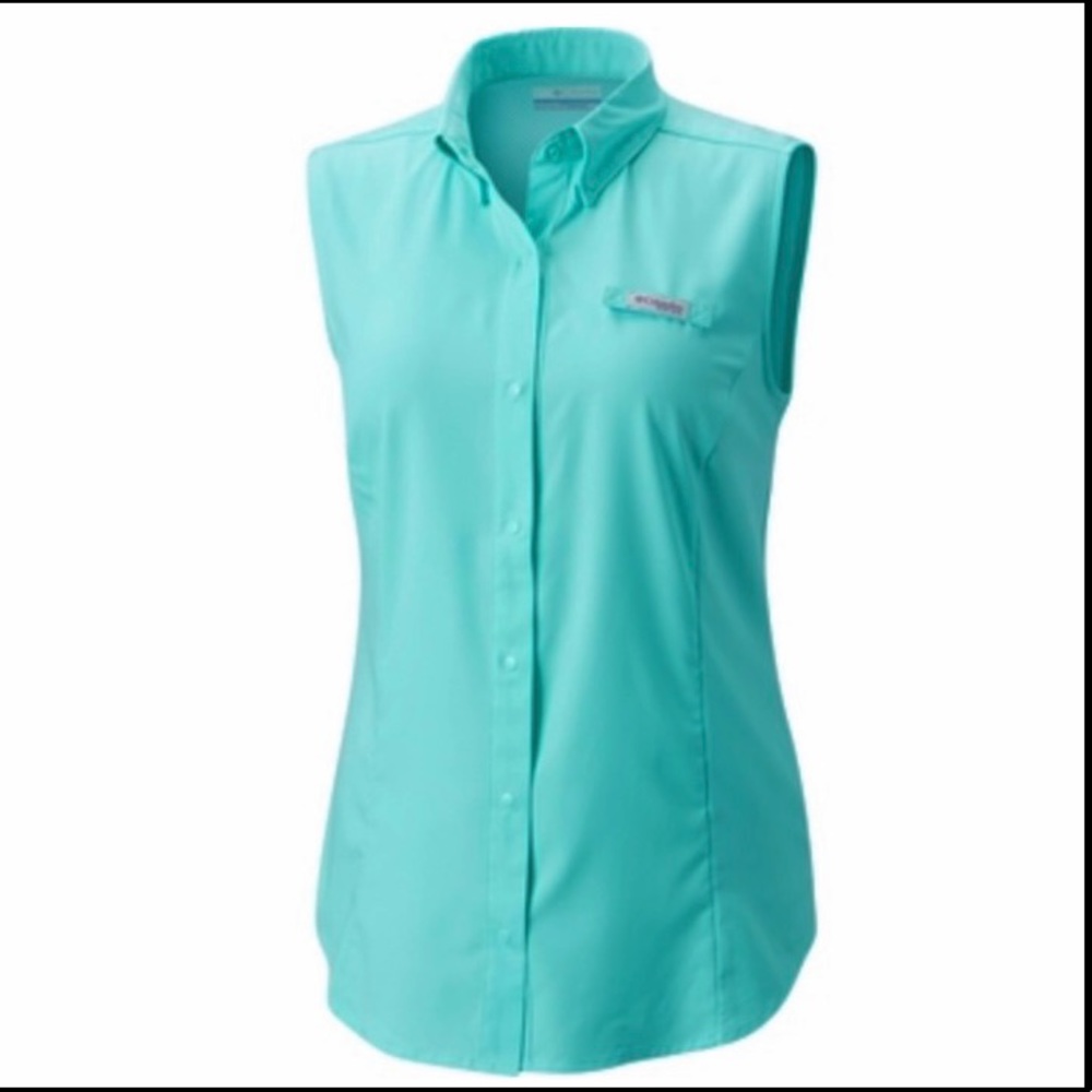 🆕 Columbia PFG Women’s Sleeveless Aqua Blue Button Down Shirt